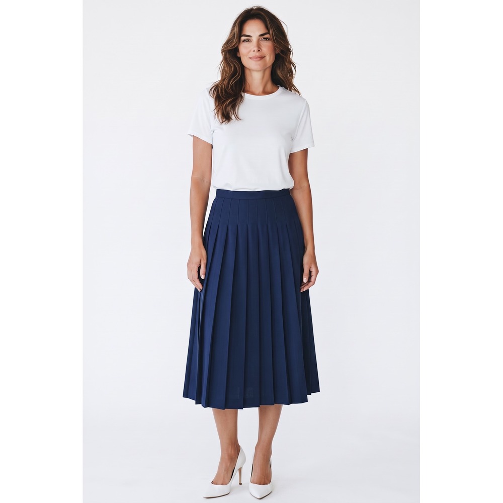 Vintage Royal Blue Knife Pleat Midi Skirt High Waisted Made in USA Size 10P